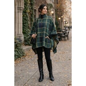 Nicole Miller Plaid Zip Poncho Cape NWT Women L/XL Green Preppy Dark Academia